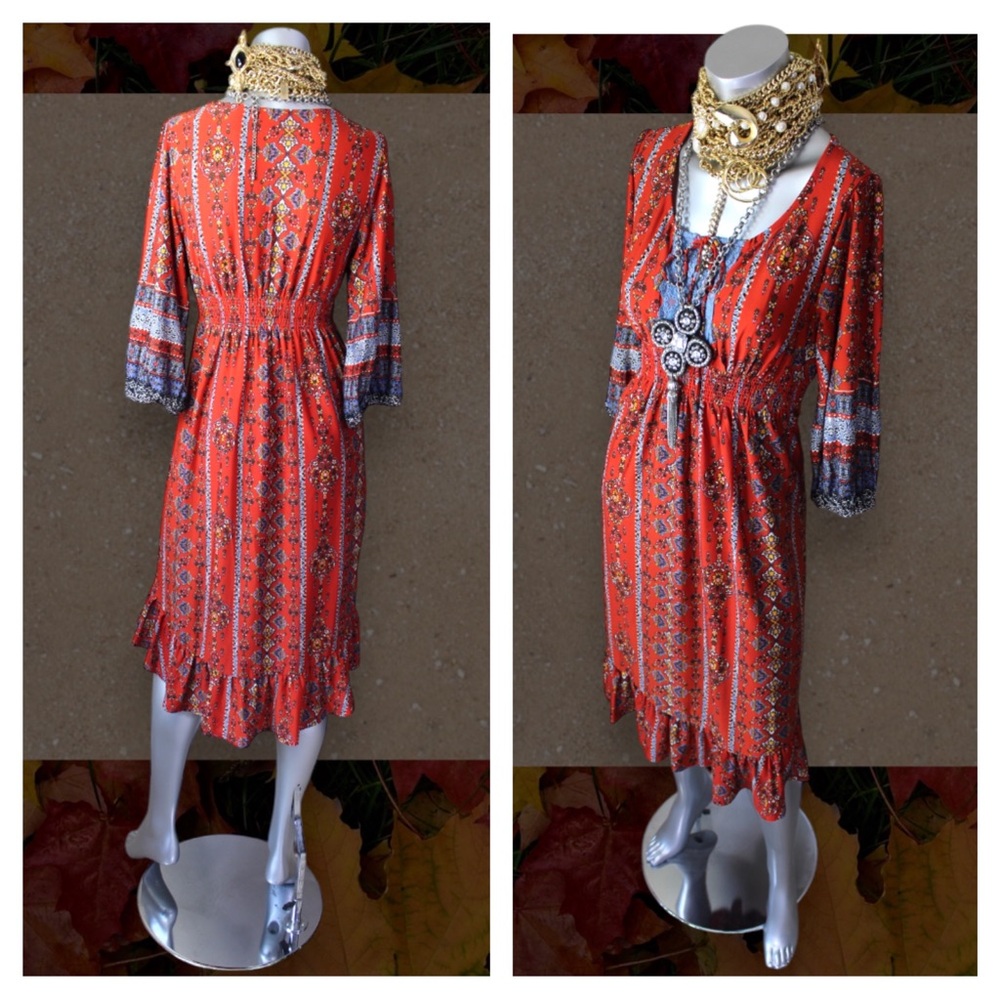 ONE WORLD Bohemian Mixed Floral Tribal Print Midi Dress - Picture 3 of 17